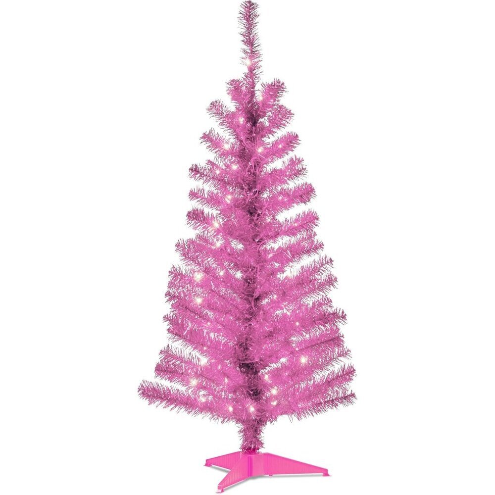 Pre-Lit Artificial Christmas Tree, Pink Tinsel, White Lights, Includes Stand, 4